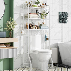 Simple Trending front view of white over-the-toilet rack showing organized shelves and neat storage benefit