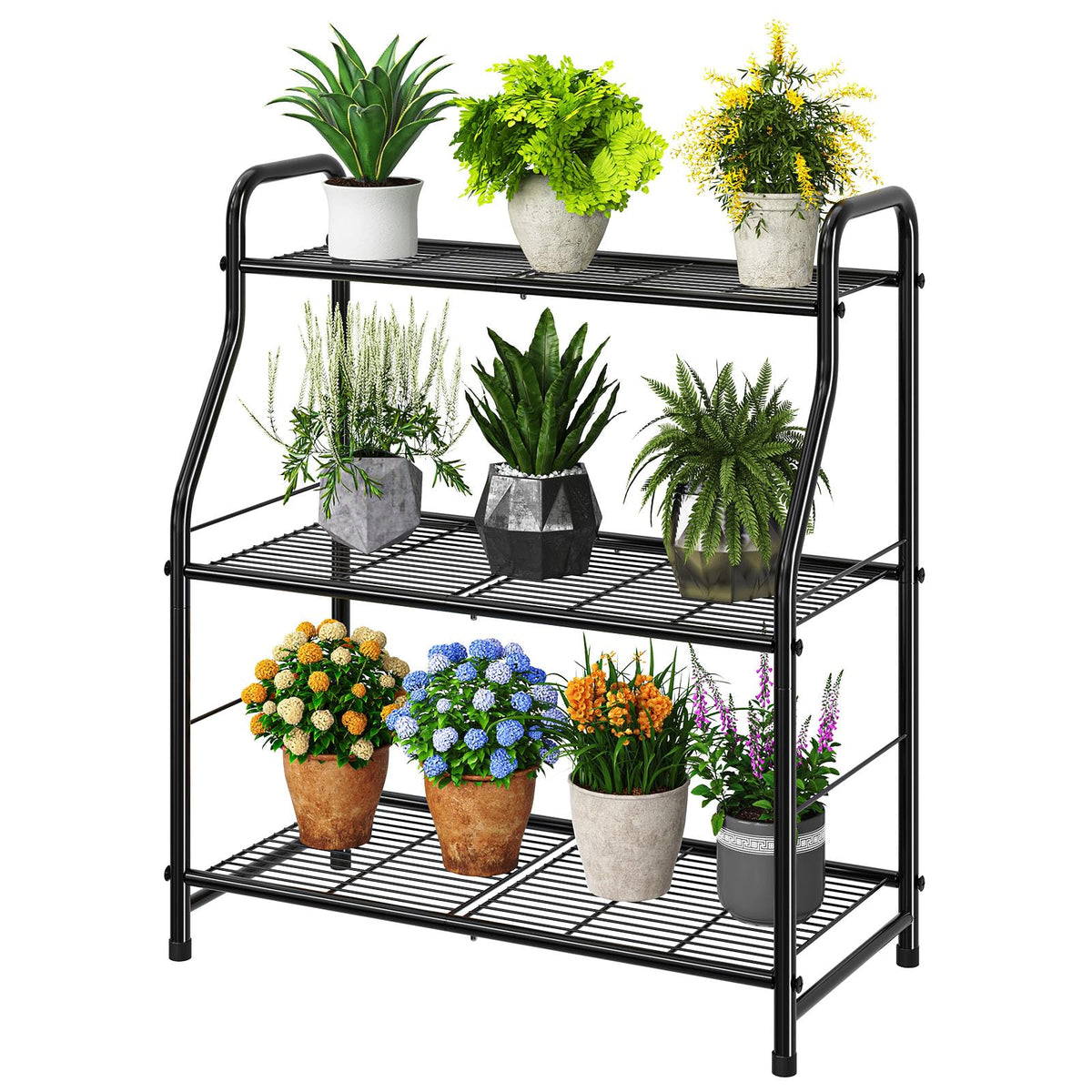 Simple Trending front view of 3-tier plant stand showing capacity and shape