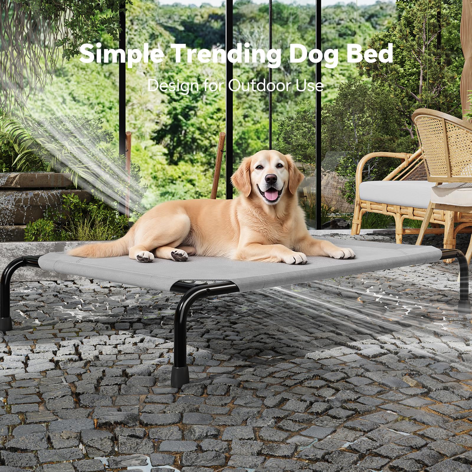 Simple Trending patio lifestyle image showing durable cot in outdoor living space