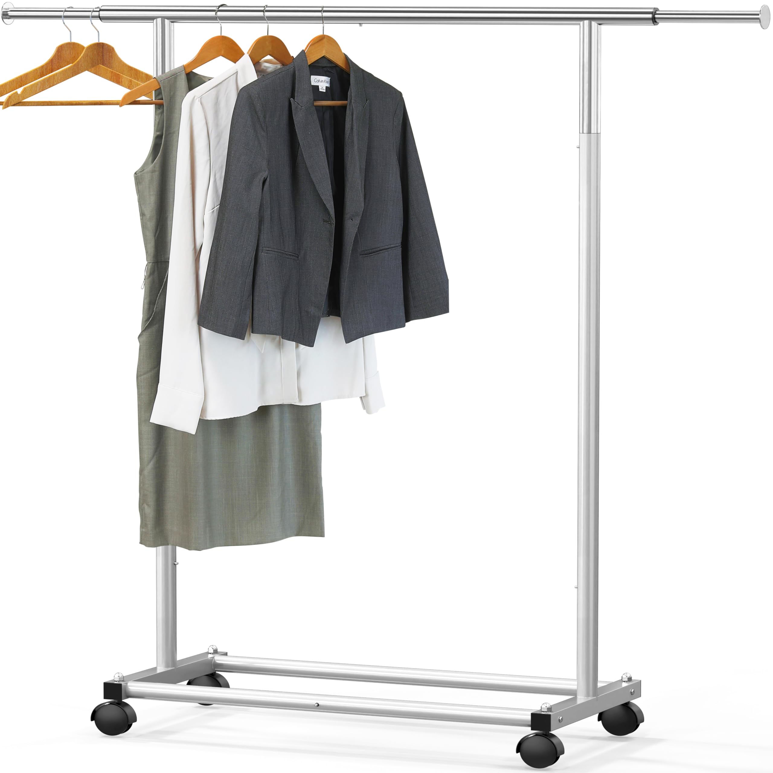 Simple Houseware front view of silver garment rack showing clean silhouette and storage benefit