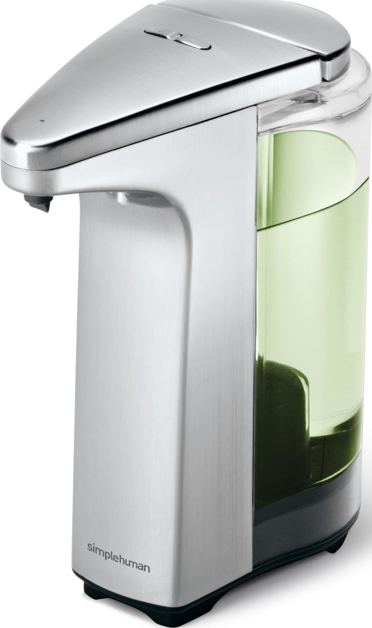 simplehuman brushed nickel front view showing sleek sensor and compact design for tidy counters