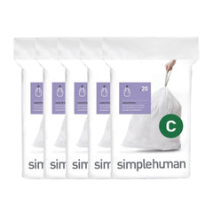simplehuman front packaging showing Code C 100-count and tidy dispensing benefit