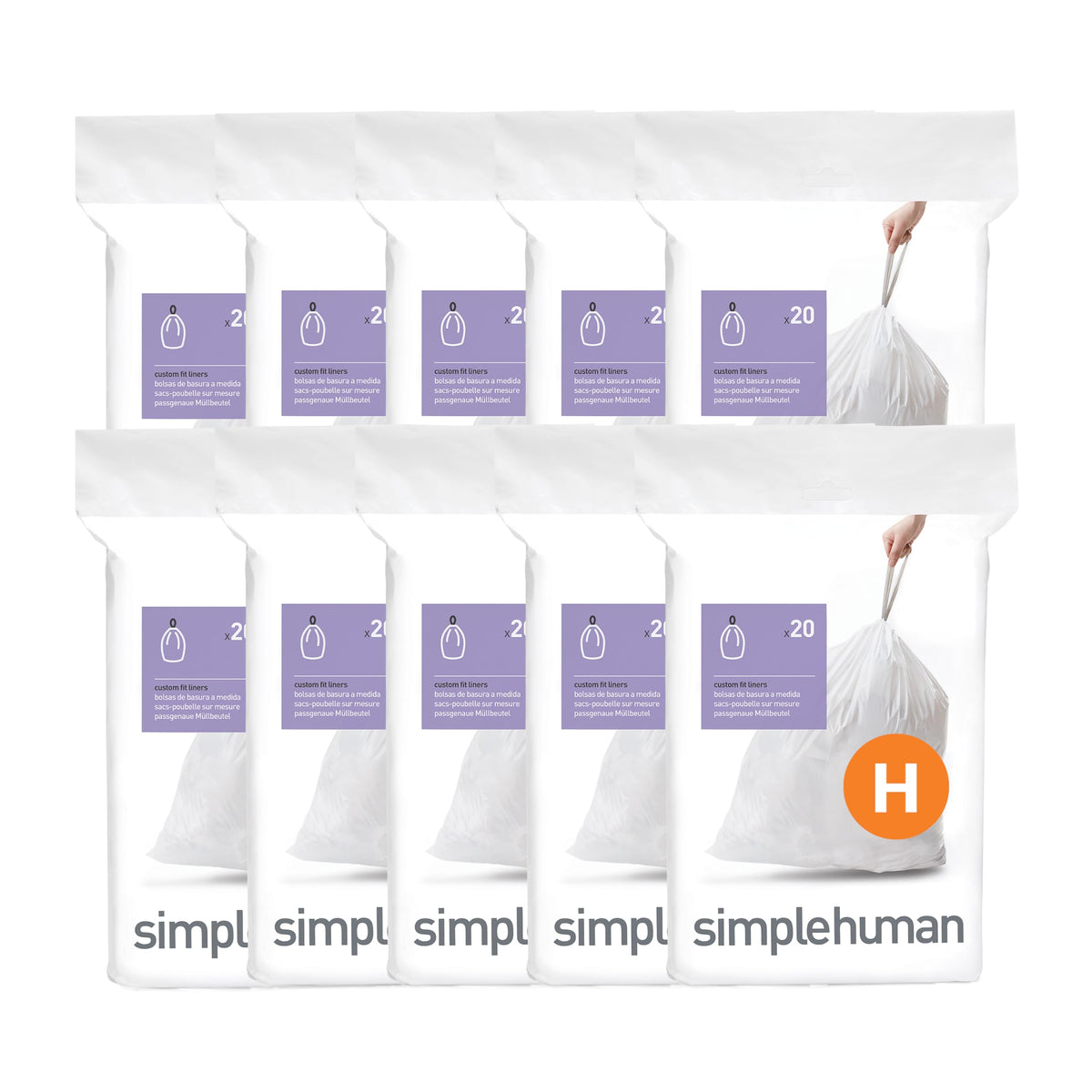 simplehuman front packaging showing Code H liners and clear fit benefits