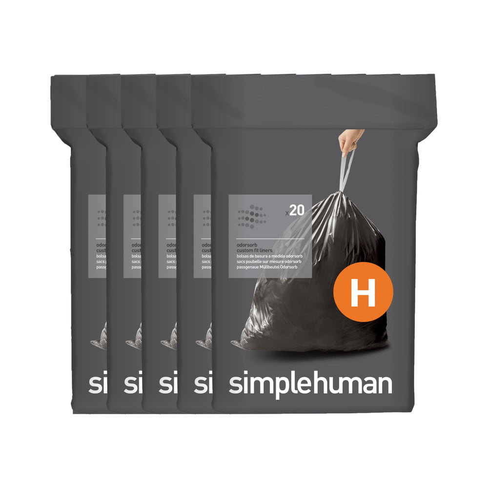 simplehuman front packaging showing Code H Odorsorb liners, easy identification and benefit
