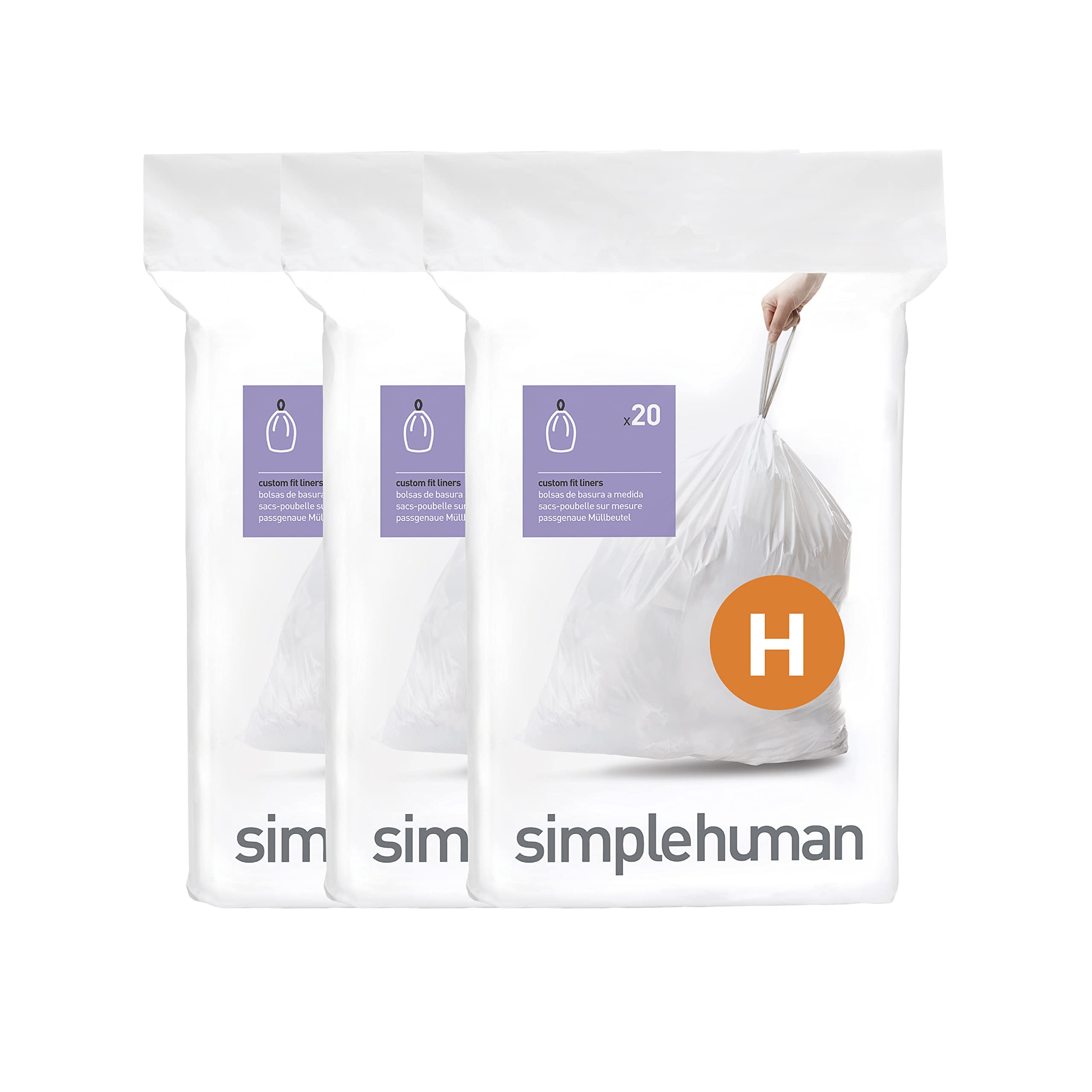 simplehuman front packaging showing Code H 60-count convenience and fit
