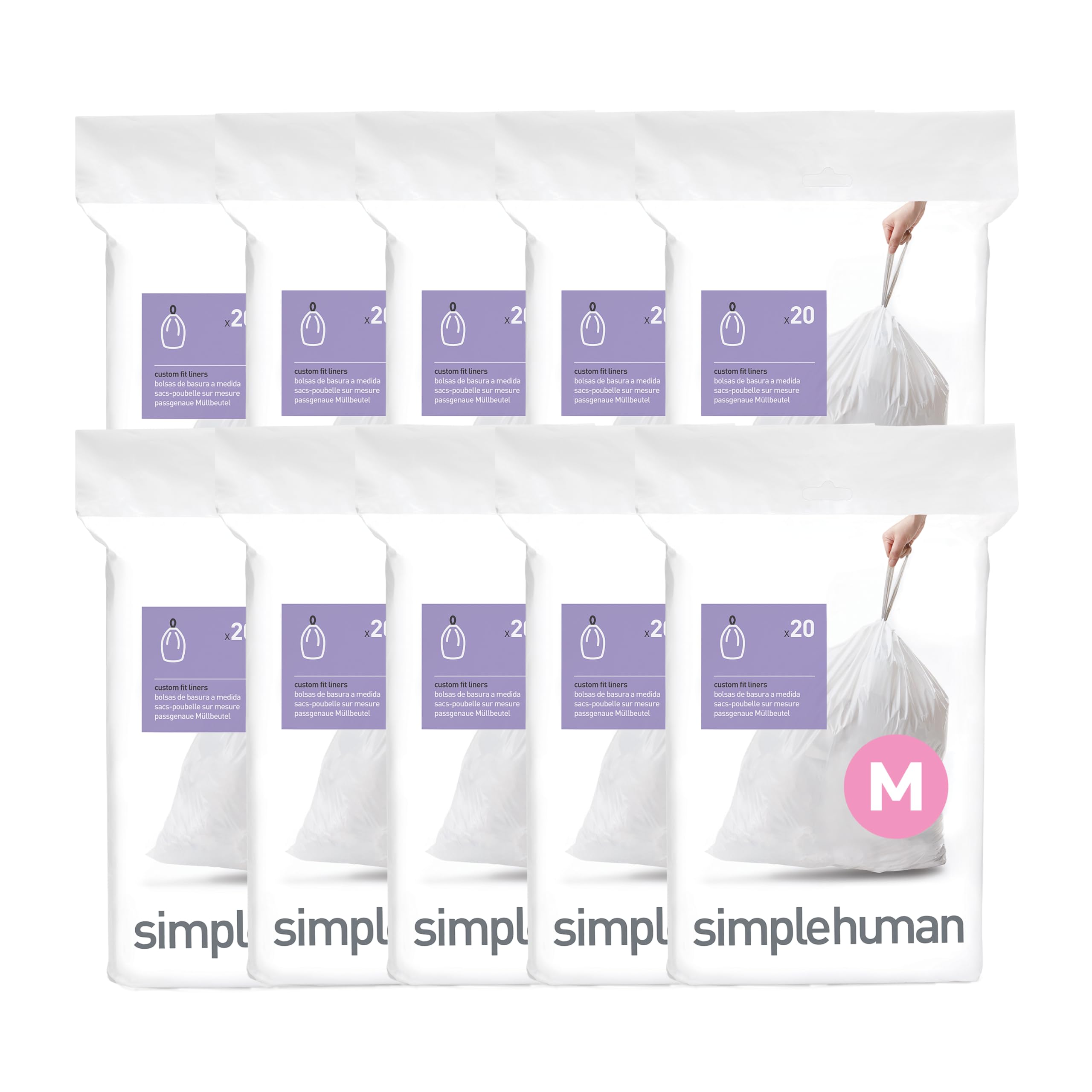 simplehuman front packaging showing 200 Code M liners and tidy dispenser benefit