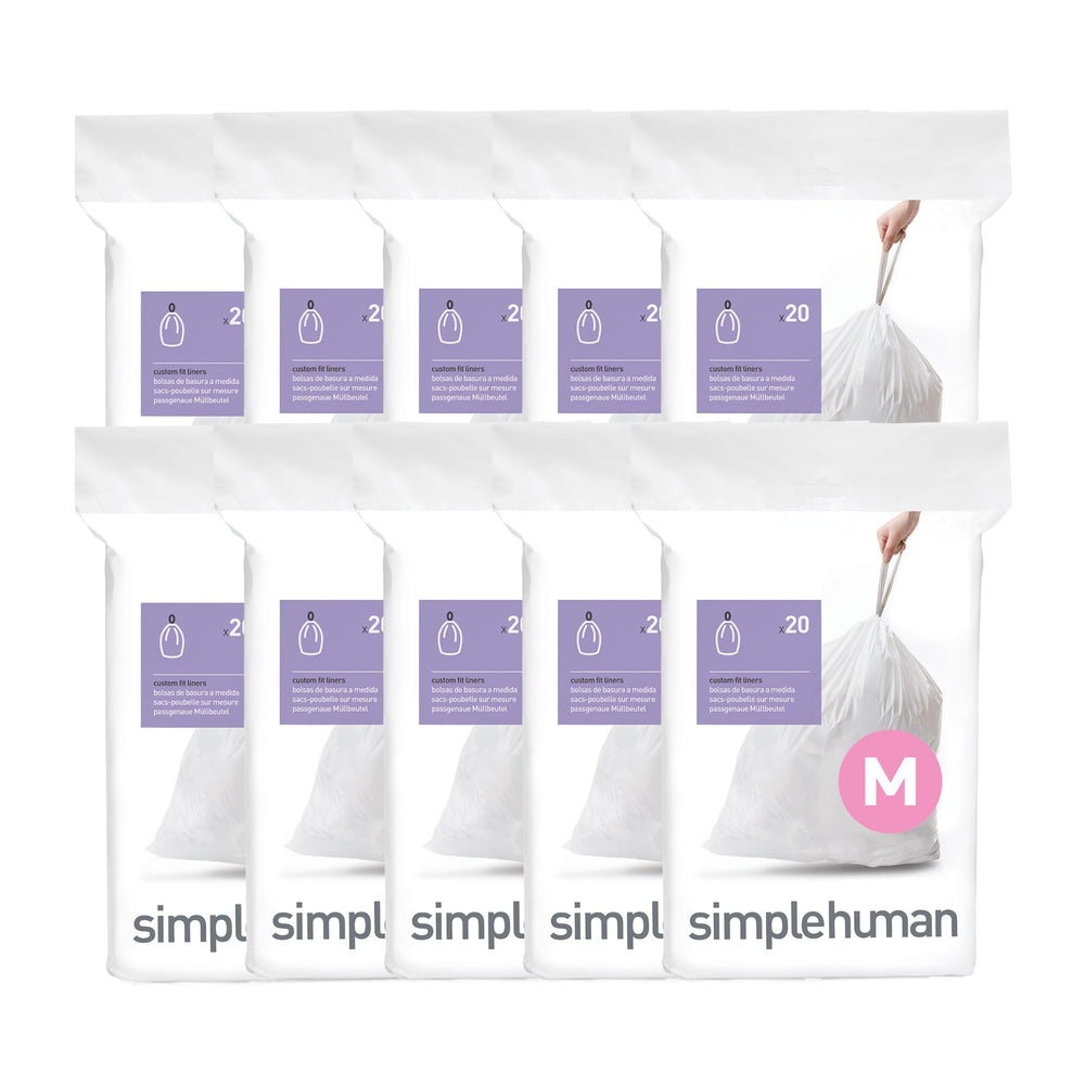 simplehuman front packaging showing 200 Code M liners and tidy dispenser benefit
