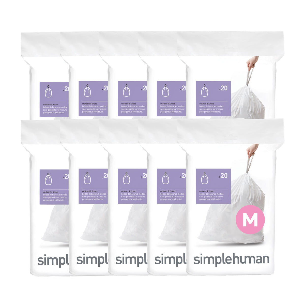 simplehuman front packaging showing 200 Code M liners and tidy dispenser benefit