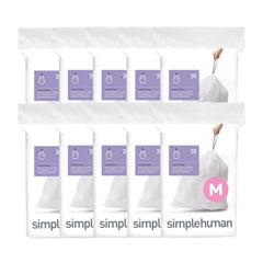 simplehuman front packaging showing 200 Code M liners and tidy dispenser benefit