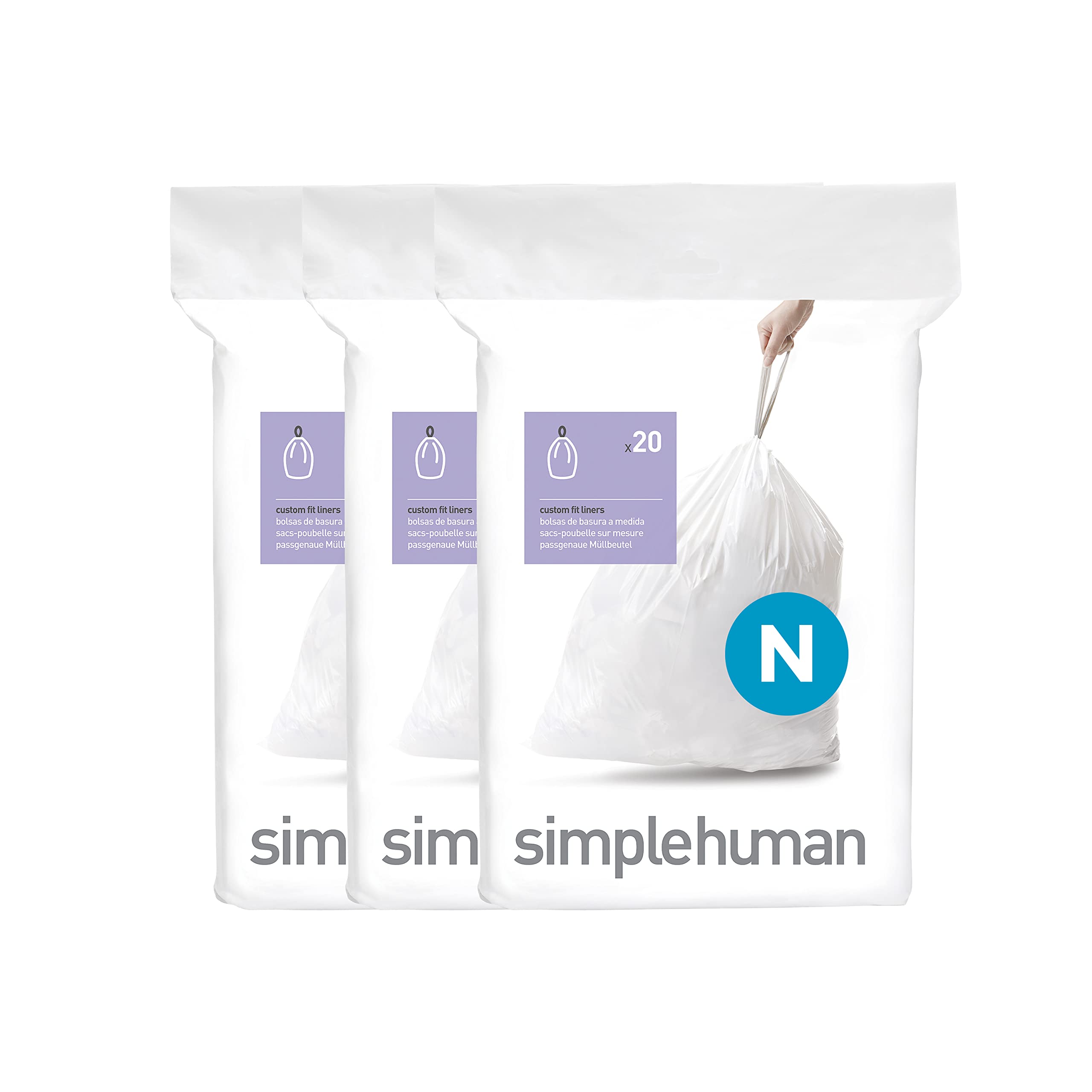 simplehuman front packaging showing Code N 60-count for neat storage and quick refills