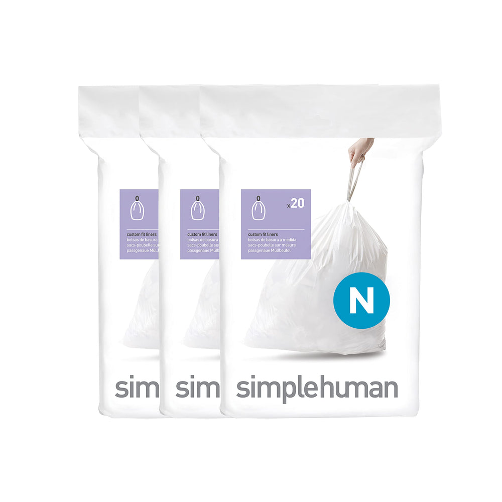 simplehuman front packaging showing Code N 60-count for neat storage and quick refills