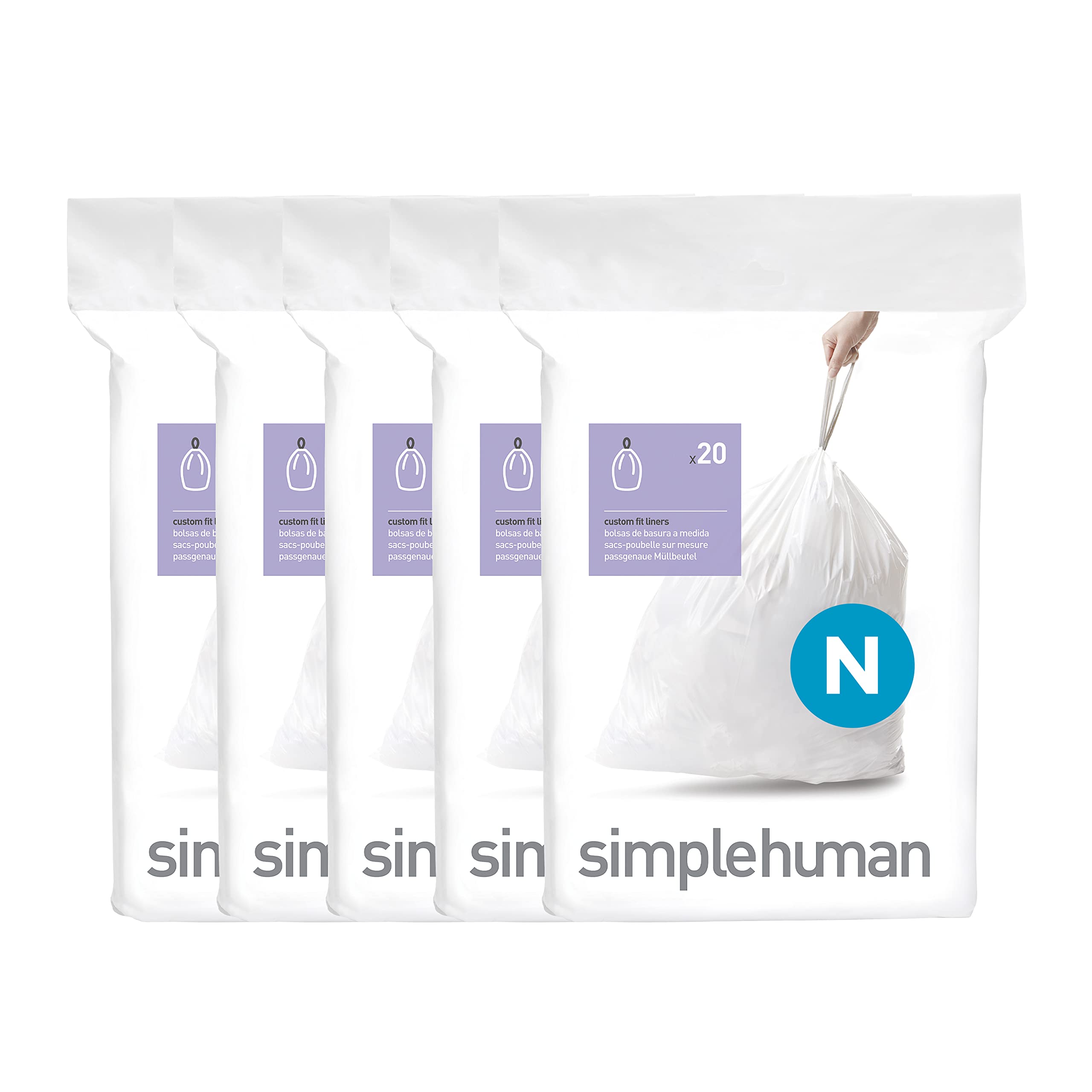 simplehuman front packaging showing Code N liners and tidy one-by-one benefit