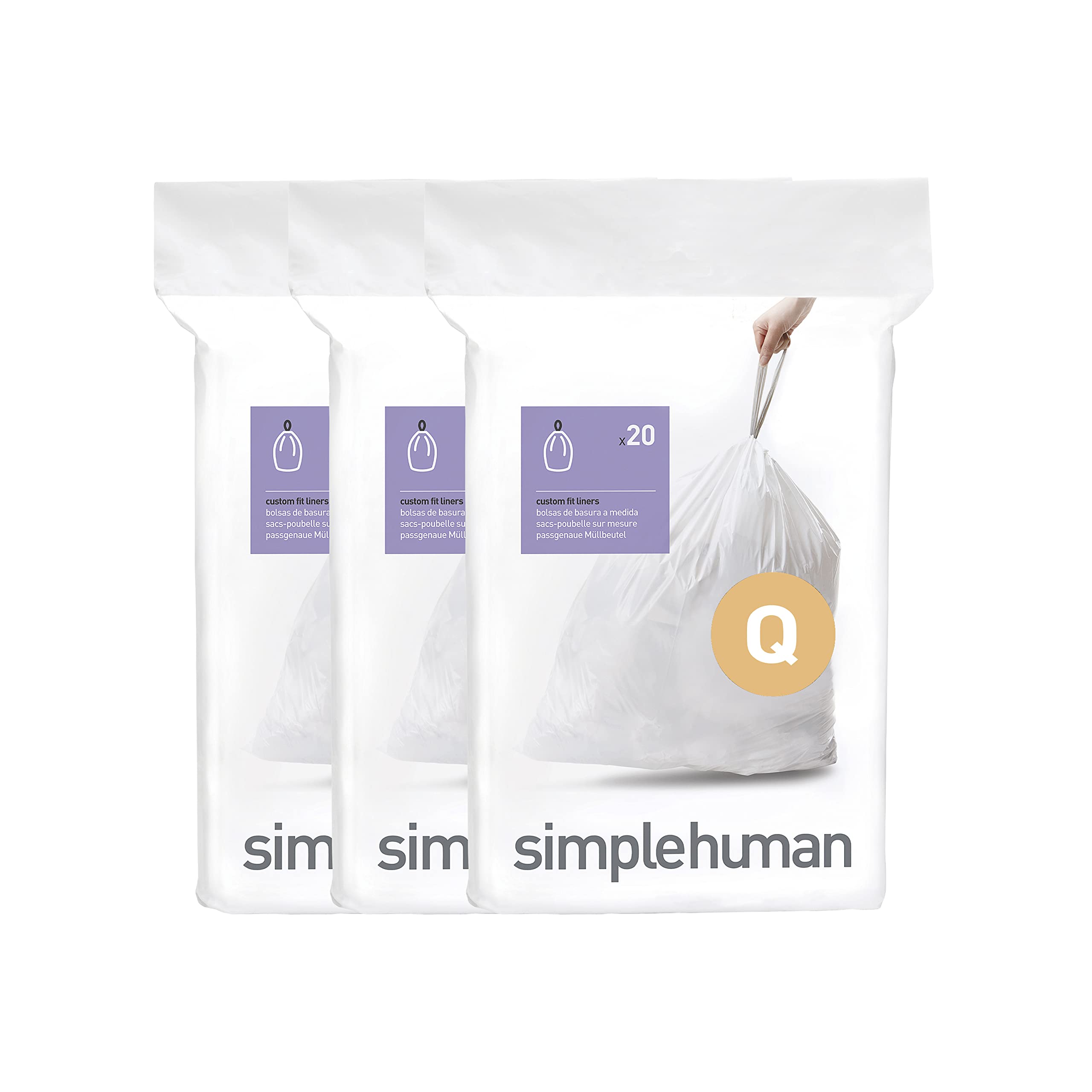 simplehuman front packaging showing Code Q liners and quick-dispense convenience