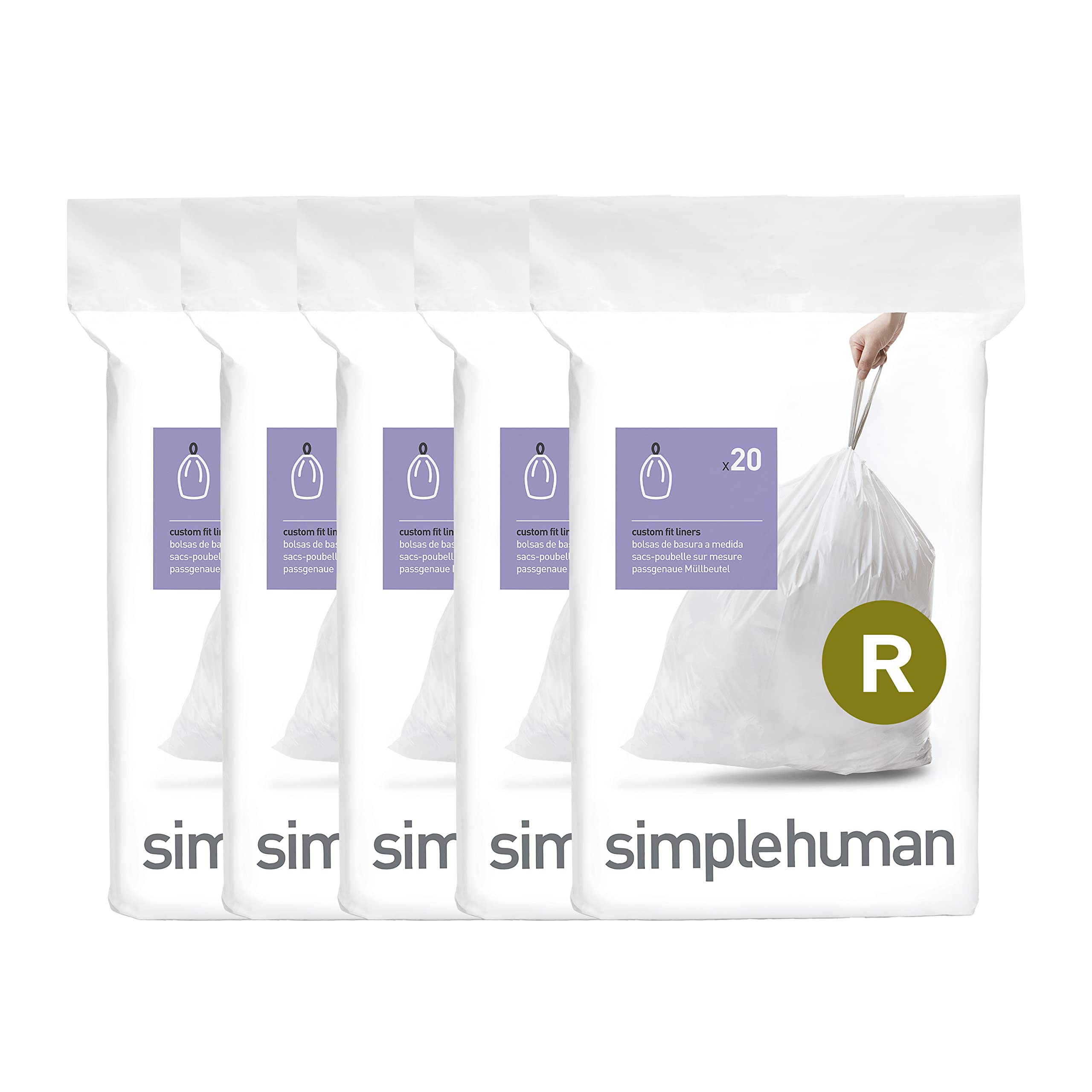 simplehuman front packaging showing Code R liners and quick-dispense convenience