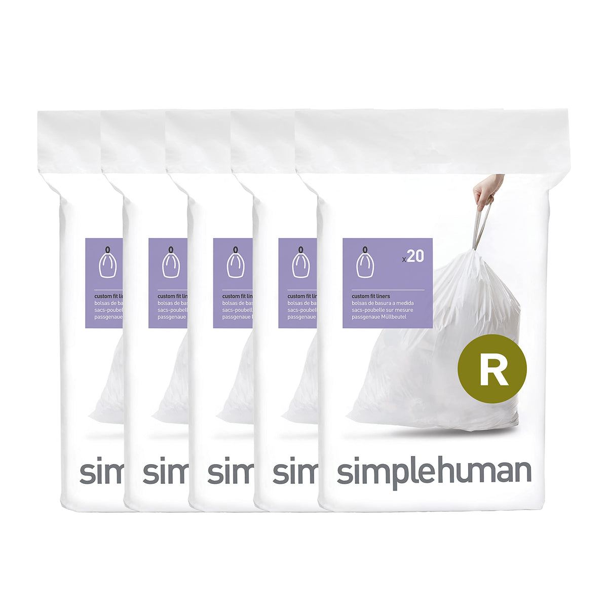simplehuman front packaging showing Code R liners and quick-dispense convenience