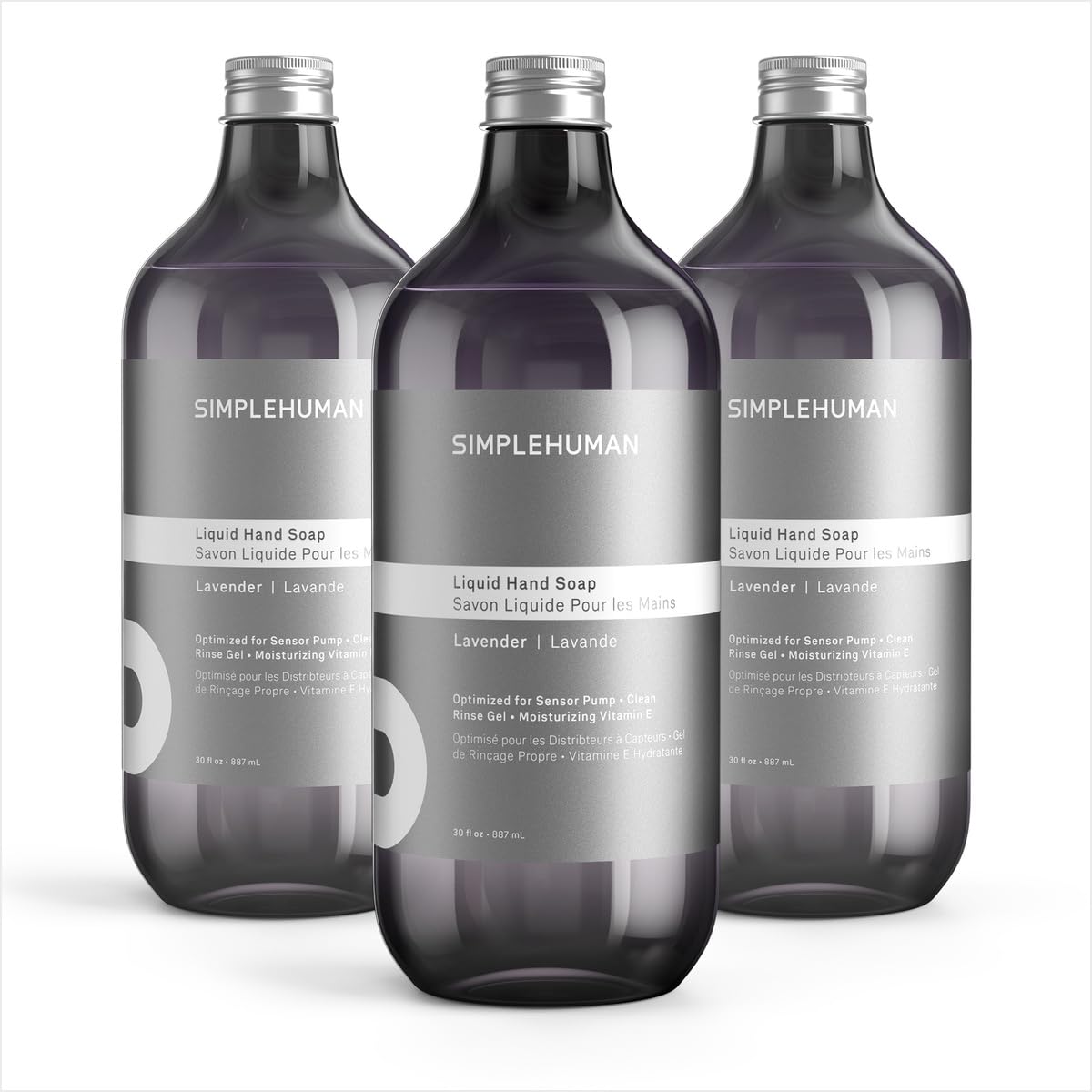 simplehuman front packaging showing three lavender refill bottles and clear product labeling benefits
