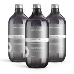 simplehuman front packaging showing three lavender refill bottles and clear product labeling benefits