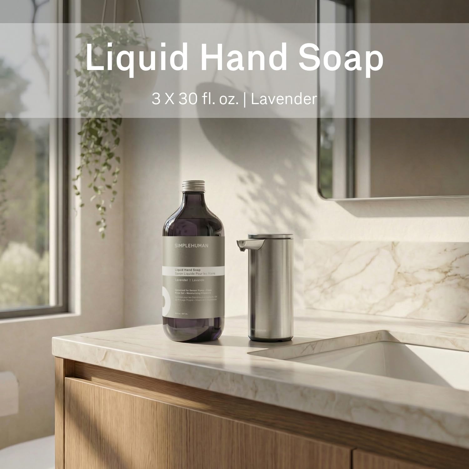 simplehuman soap being dispensed from sensor pump, demonstrating touchless convenience