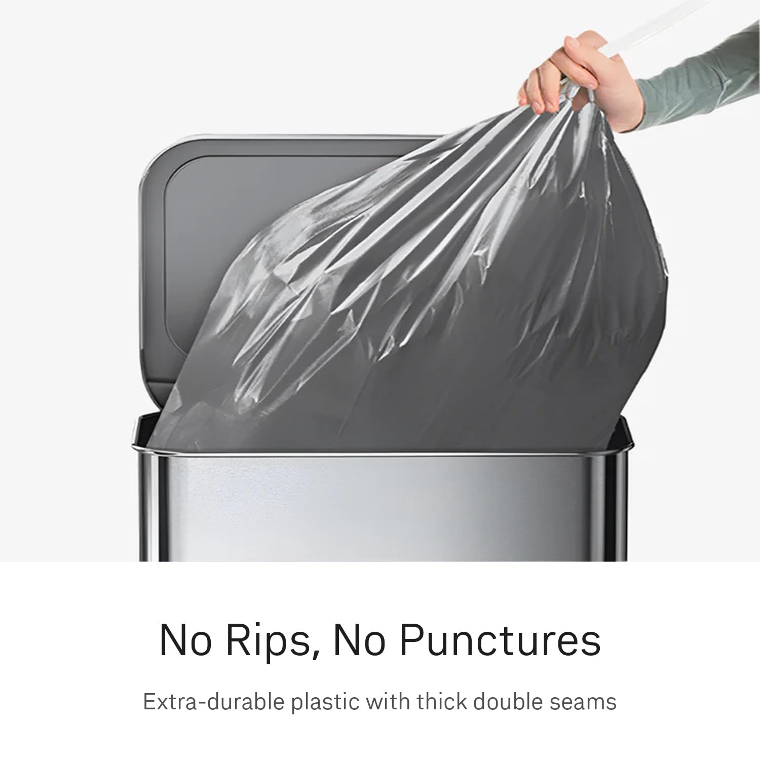 simplehuman one-by-one dispense shown in action, fast mess-free bag removal