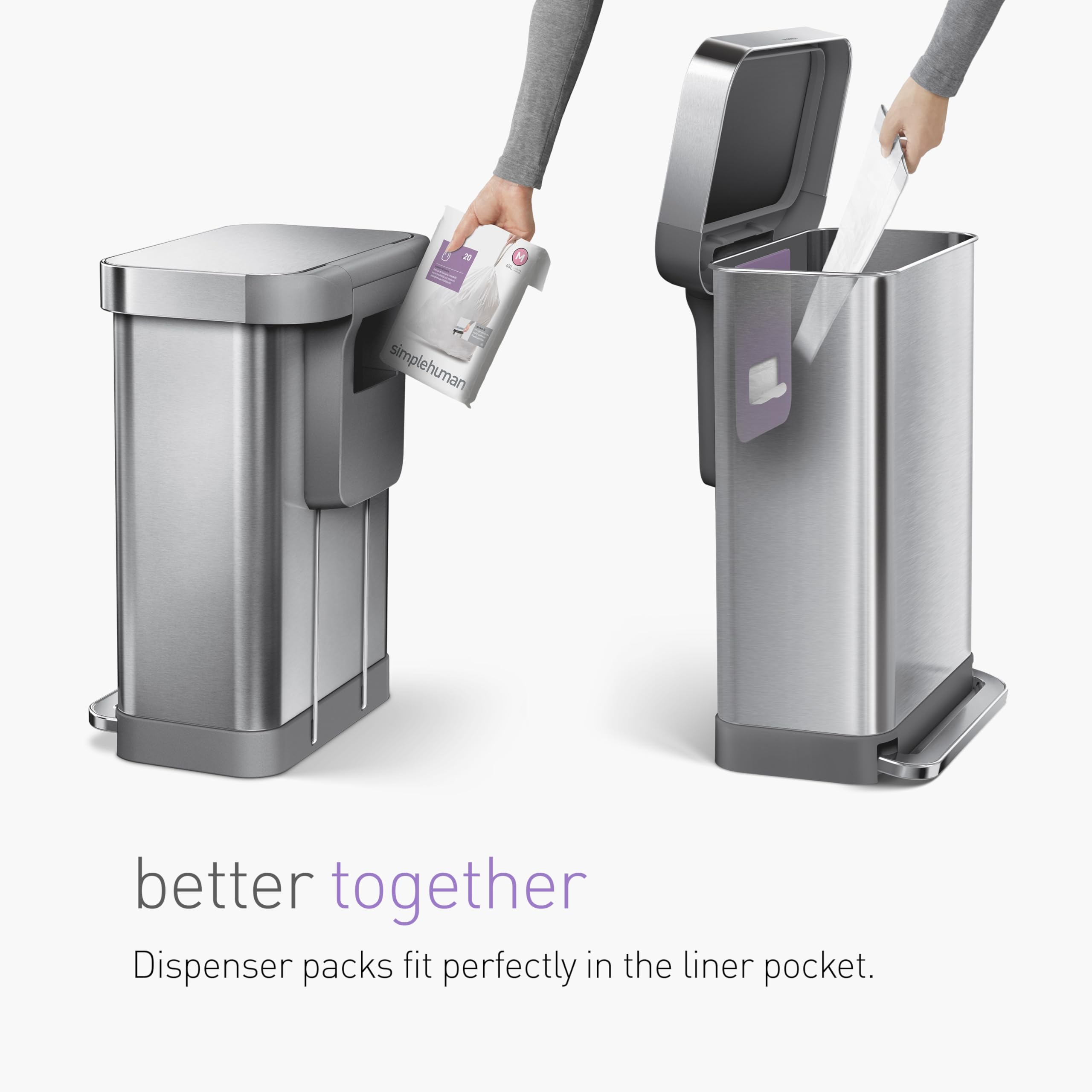 simplehuman liners beside common items to illustrate 50–65L fit