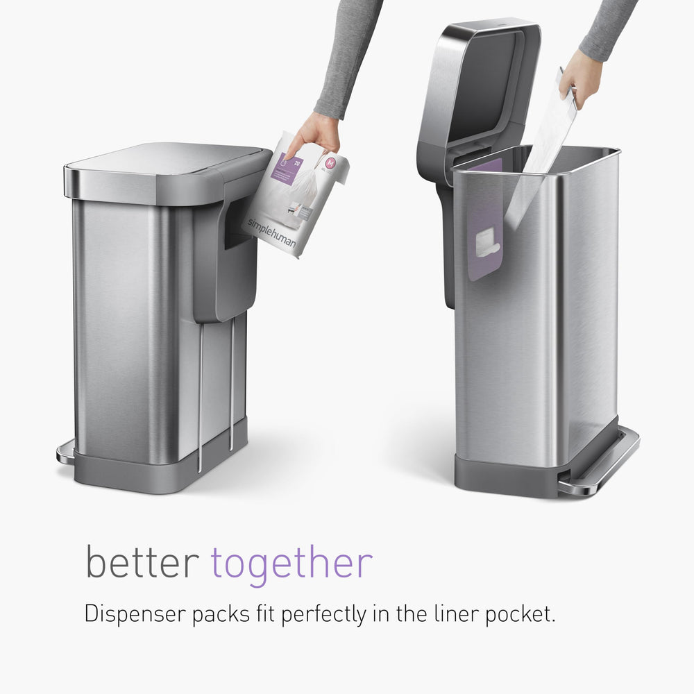 simplehuman liners beside common items to illustrate 50–65L fit