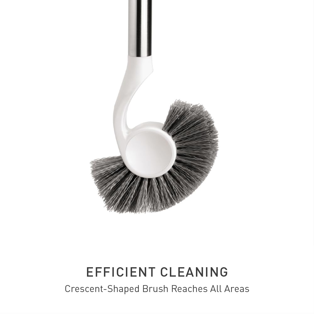 simplehuman brush in use scrubbing under rim demonstrating targeted cleaning action
