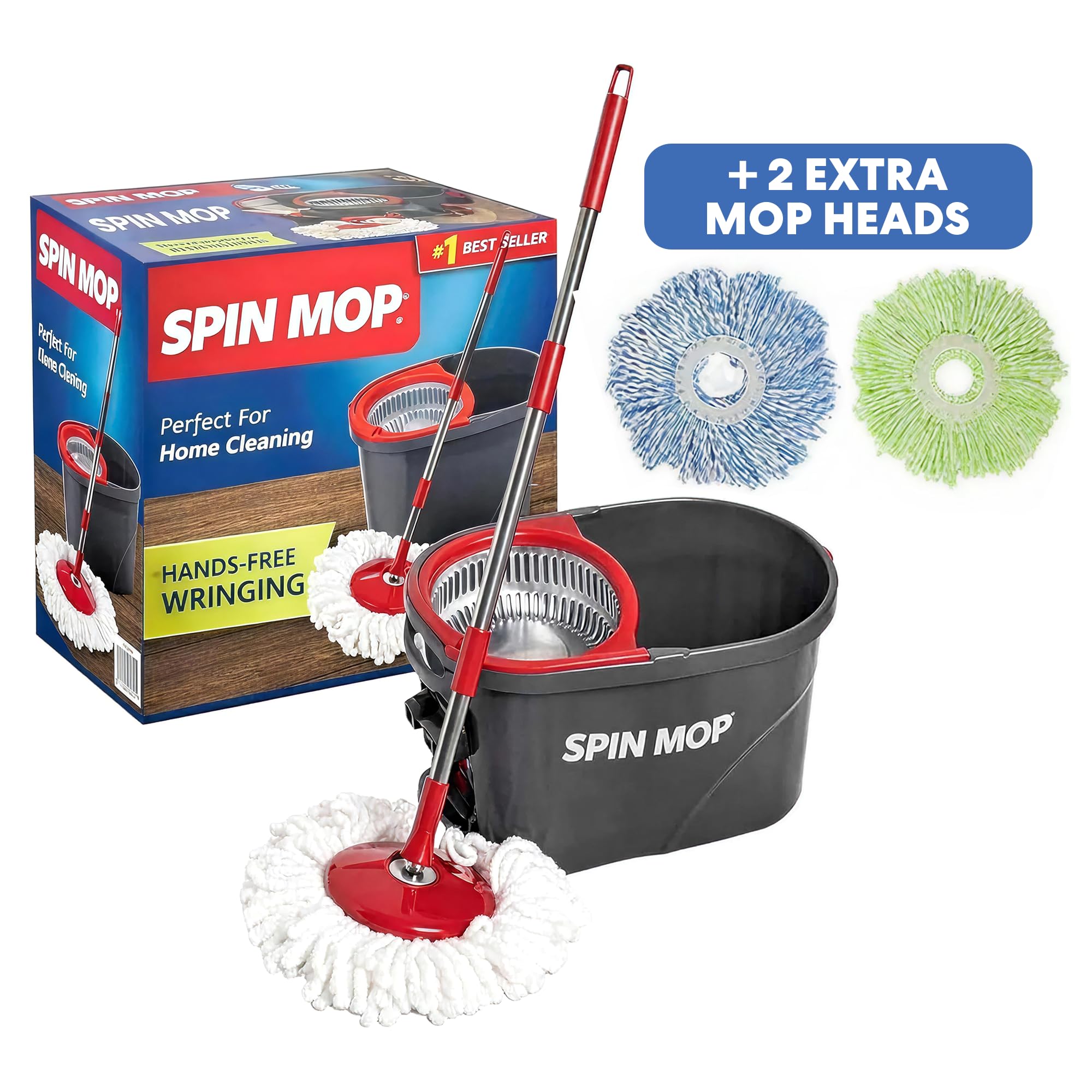 SIMPLI-MAGIC front view of red black spin mop kit showing components and value