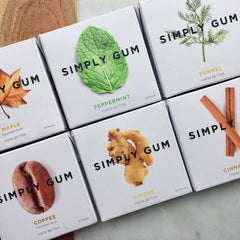 Simply Gum open box with assorted flavors visible, convenient grab-and-go benefit