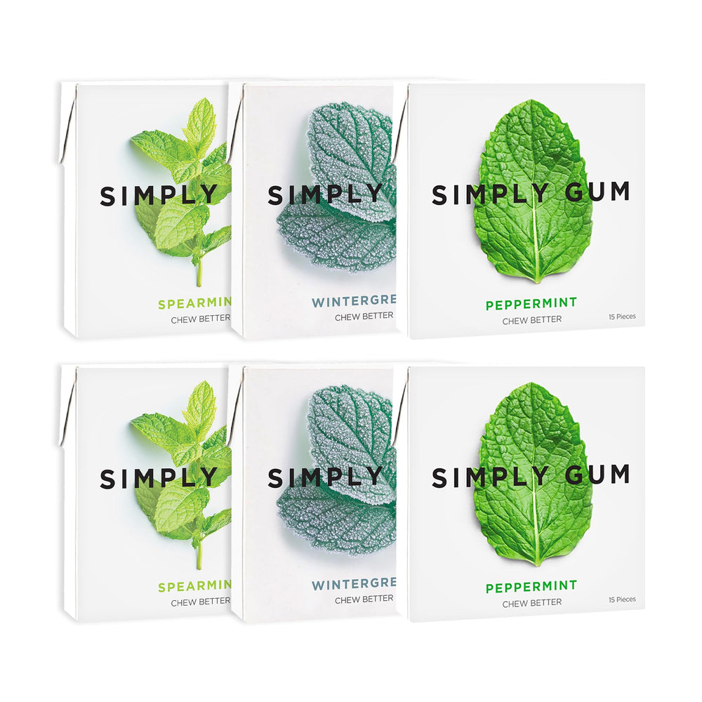 SIMPLY Gum mint variety front packaging shows plastic-free labeling and pack benefits