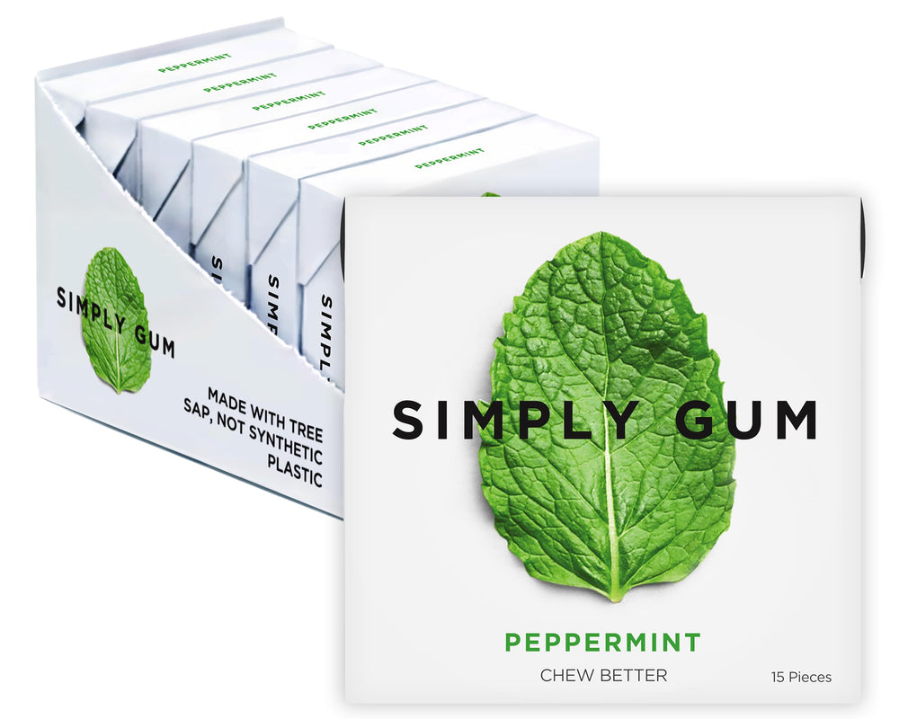 Simply Gum front packaging showing peppermint six-pack and natural branding for confident choice