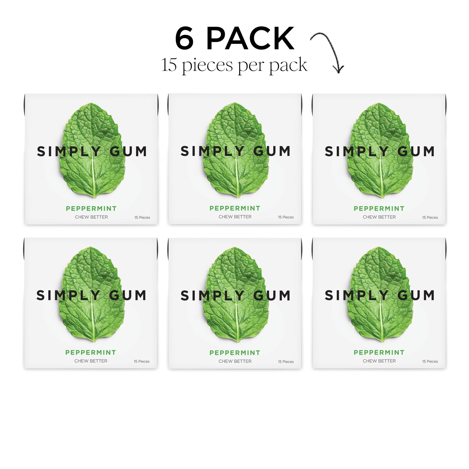 Simply Gum opened pack with peppermint pieces visible highlighting portable fresh chew