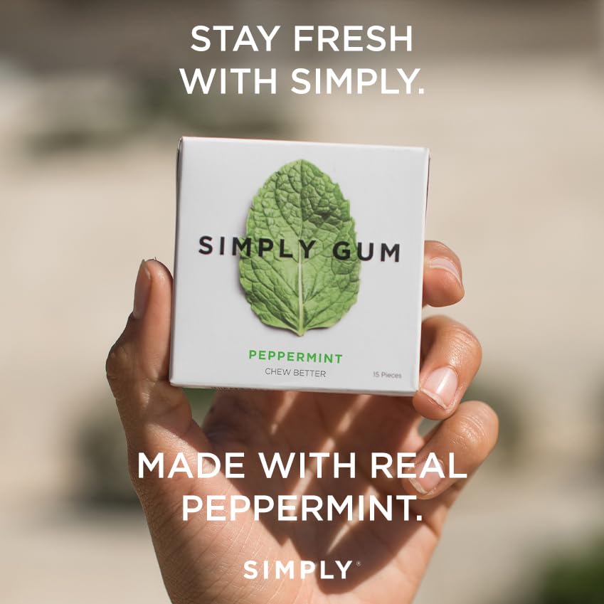 Simply Gum pack held in palm showing scale and convenience for on-the-go refreshment