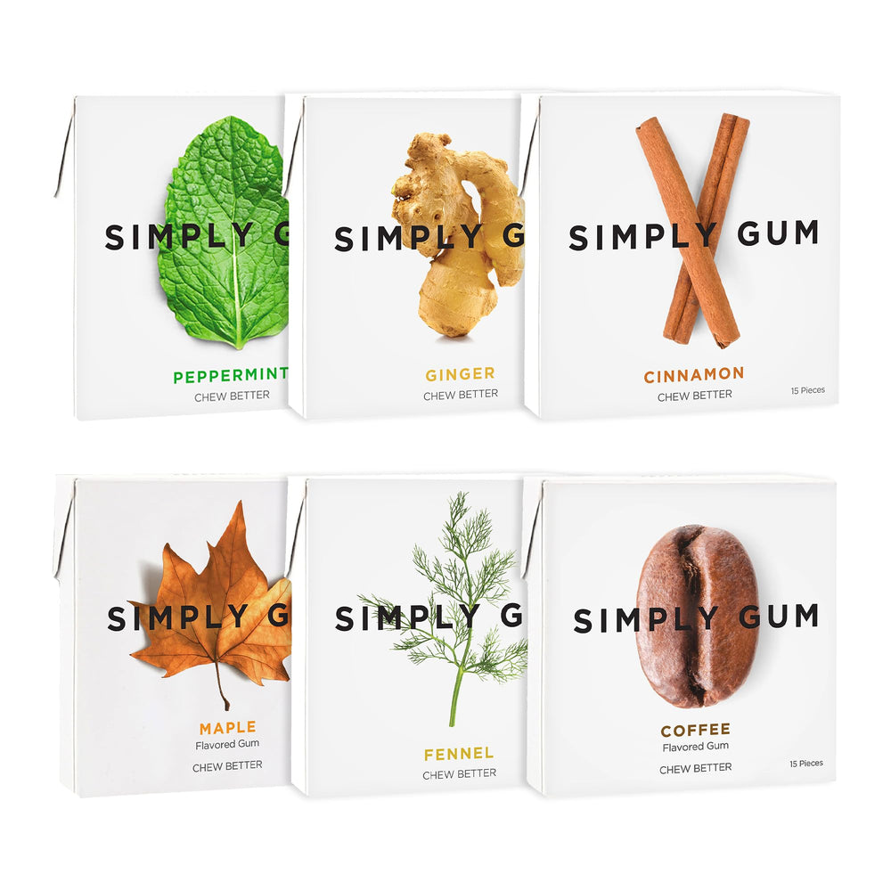 Simply Gum front packaging showing six-box variety pack and labels, clear ingredient benefit