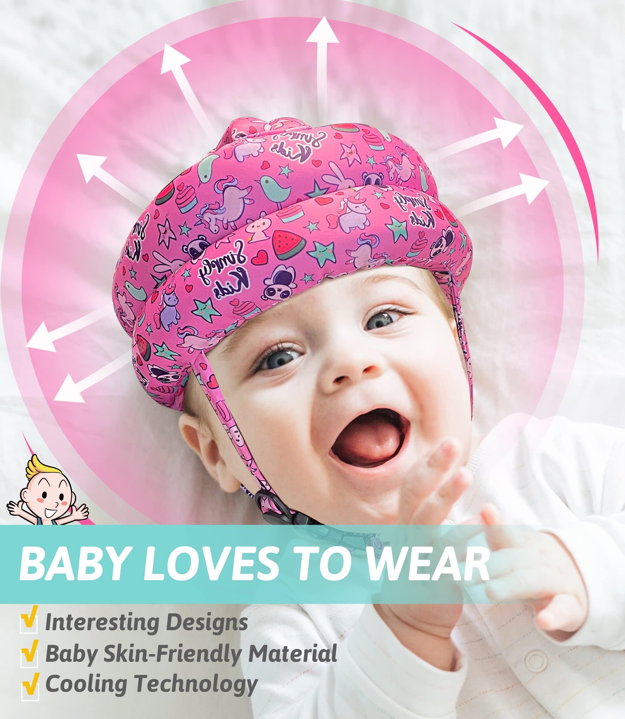Simply Kids infant wearing helmet during play showing comfort and movement benefit