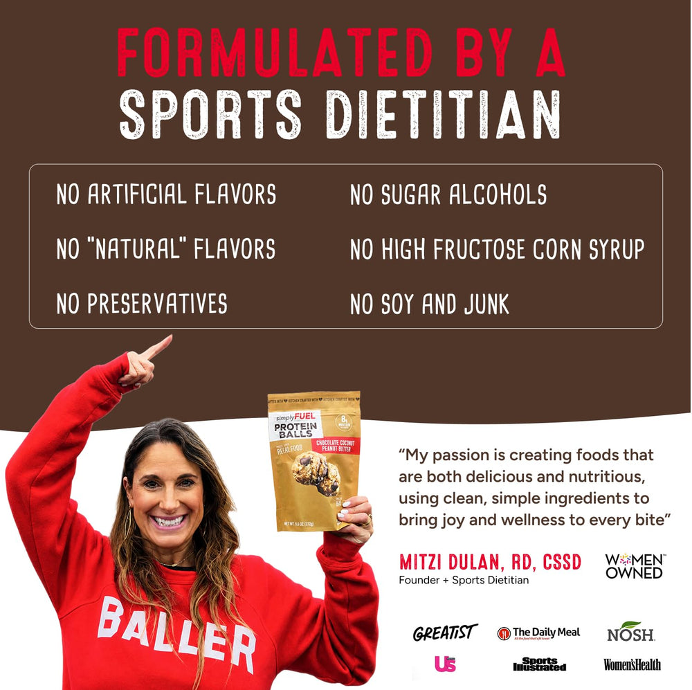 simplyFUEL three protein balls served on a small plate demonstrating portion and appeal