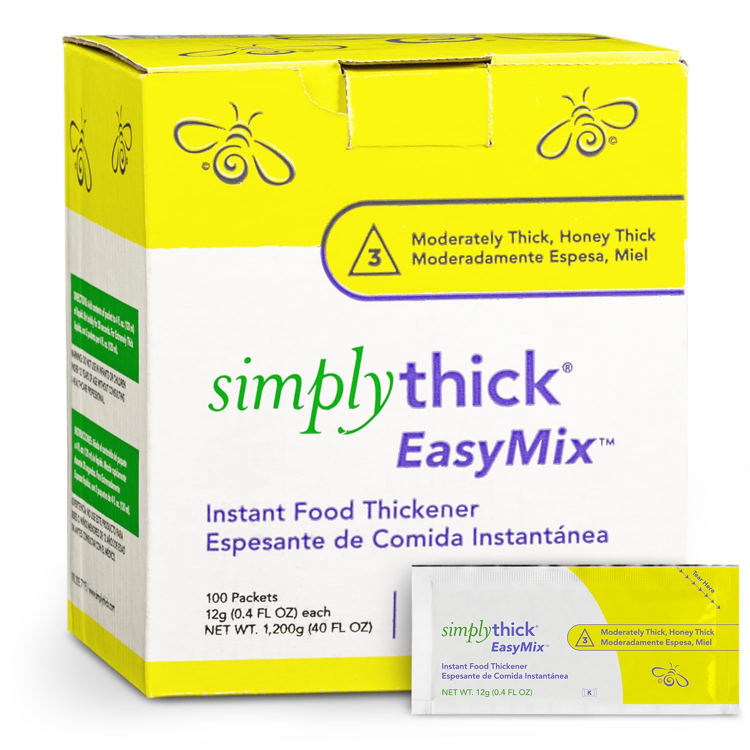 Simply Thick front packets showing 100-count convenience and quick dosing