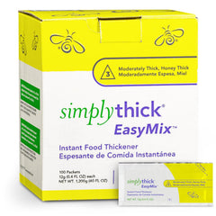 Simply Thick front packets showing 100-count convenience and quick dosing