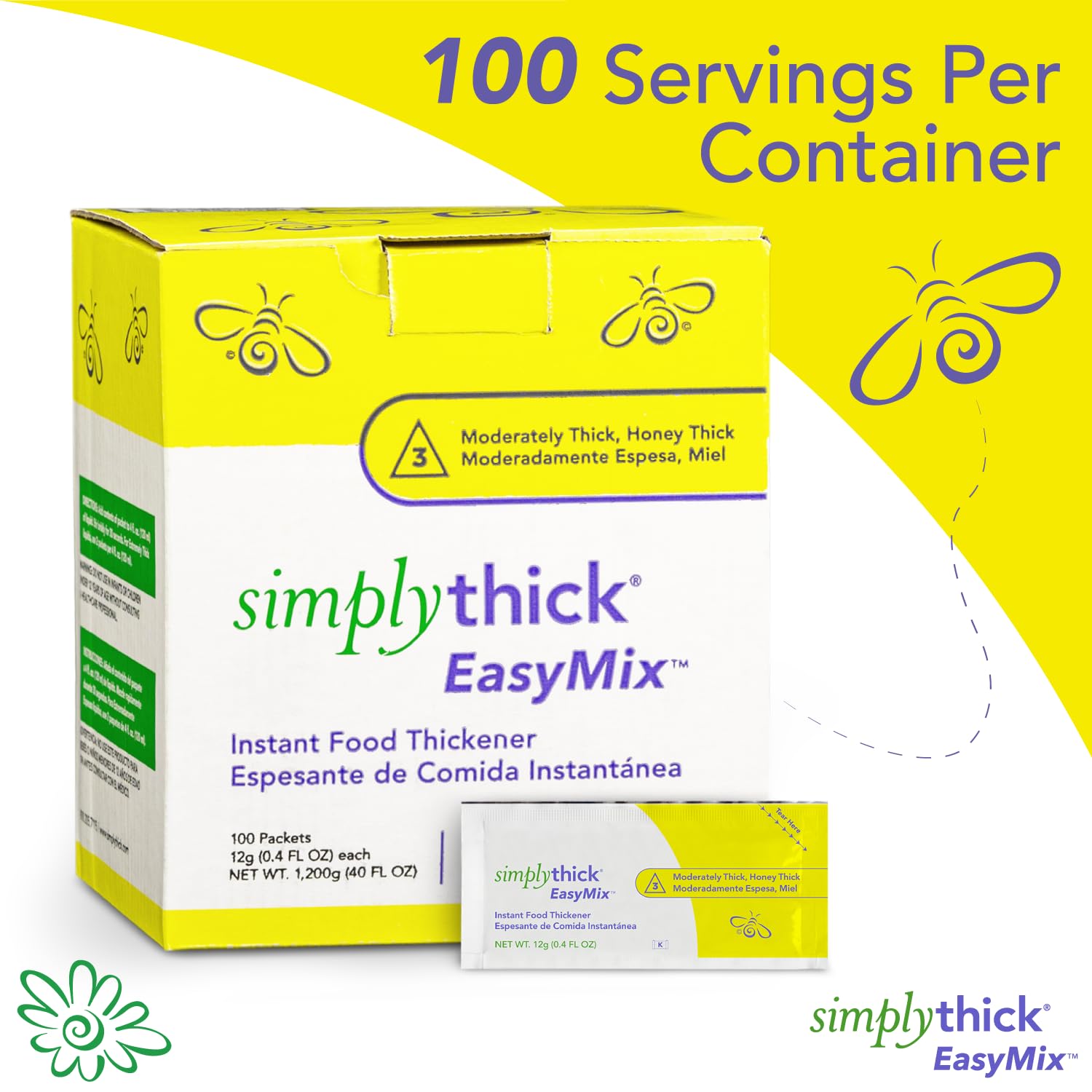 Simply Thick shown beside a 4-ounce glass to illustrate correct packet ratio