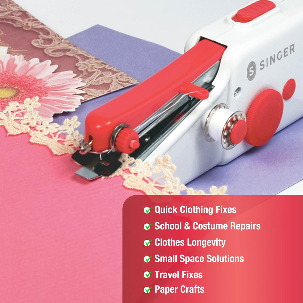 SINGER in use mending a jean seam for fast on-the-spot repair