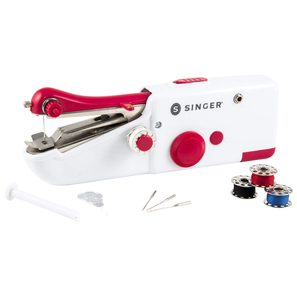 SINGER handheld mender held in hand showing scale and travel-friendly benefit