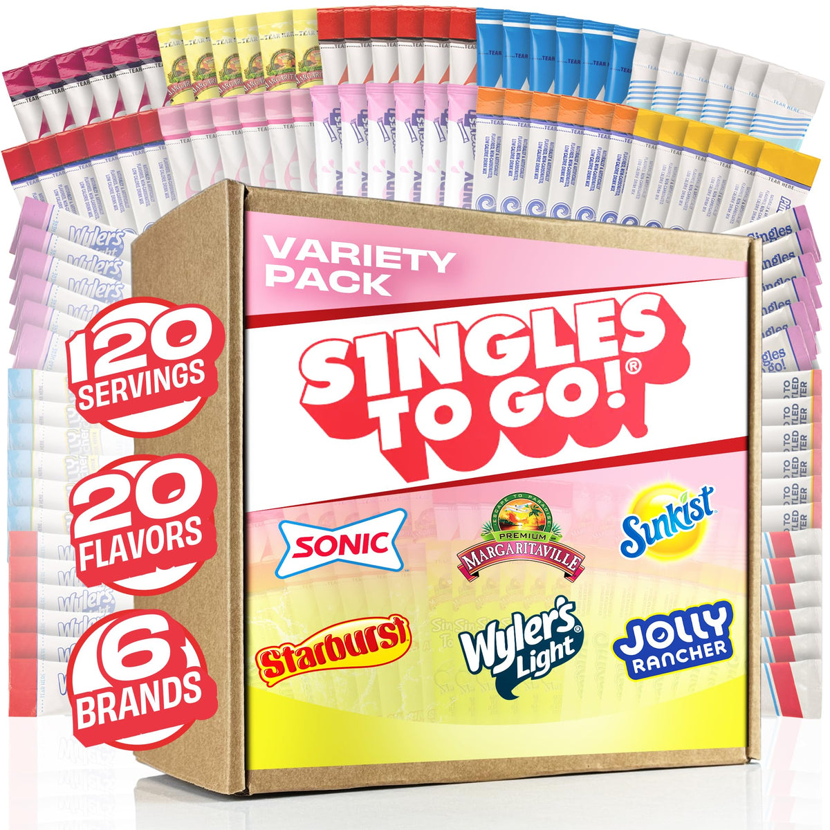 SINGLES TO GO! front box showing 120-count variety and storage convenience