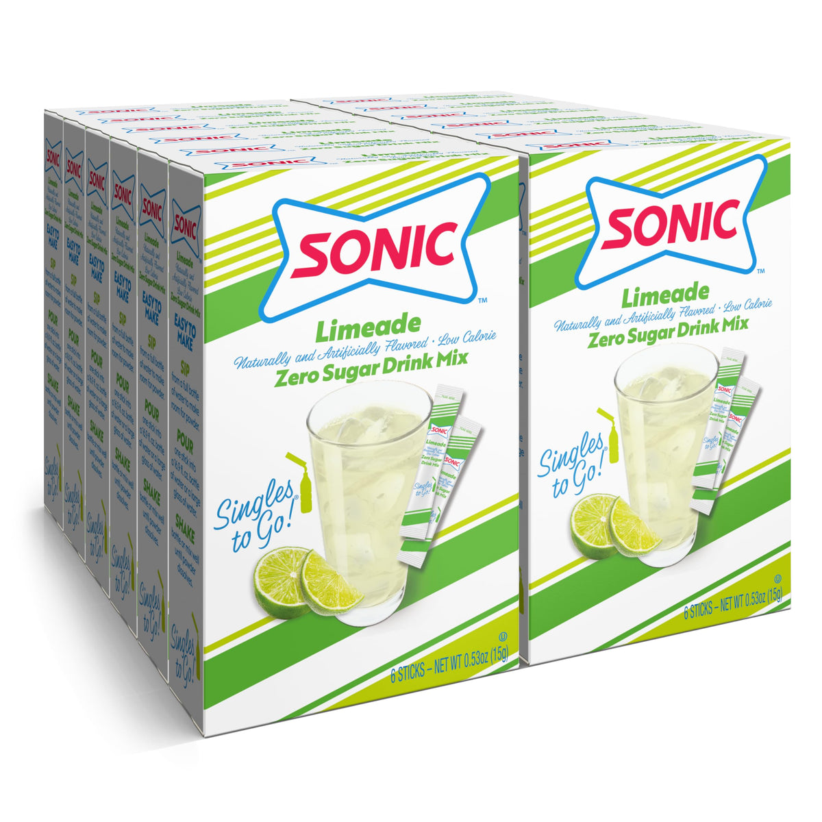 SINGLES TO GO! front packaging showing 72 limeade packets and clear benefits