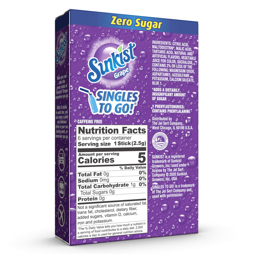 Close-up of SINGLES TO GO! Sunkist grape single-serve stick highlighting easy pour and freshness