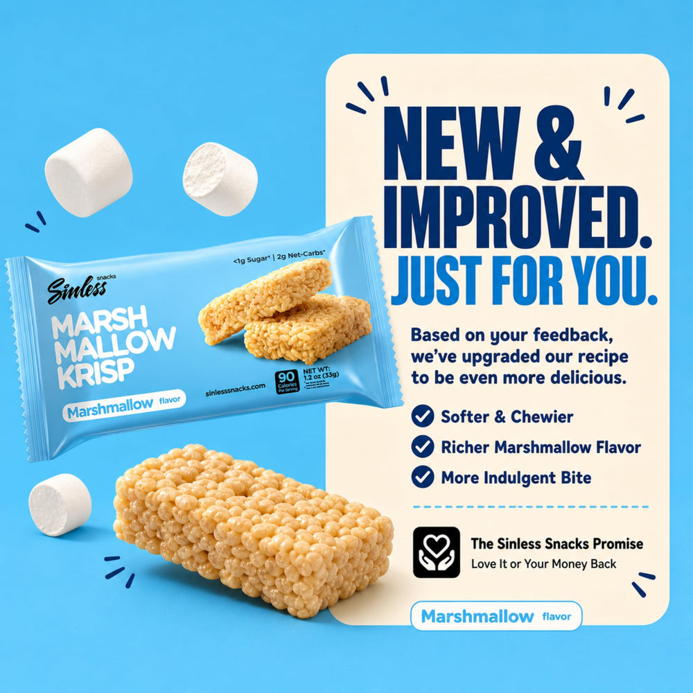 Sinless Snacks box of eight bars arranged to show quantity and packaging