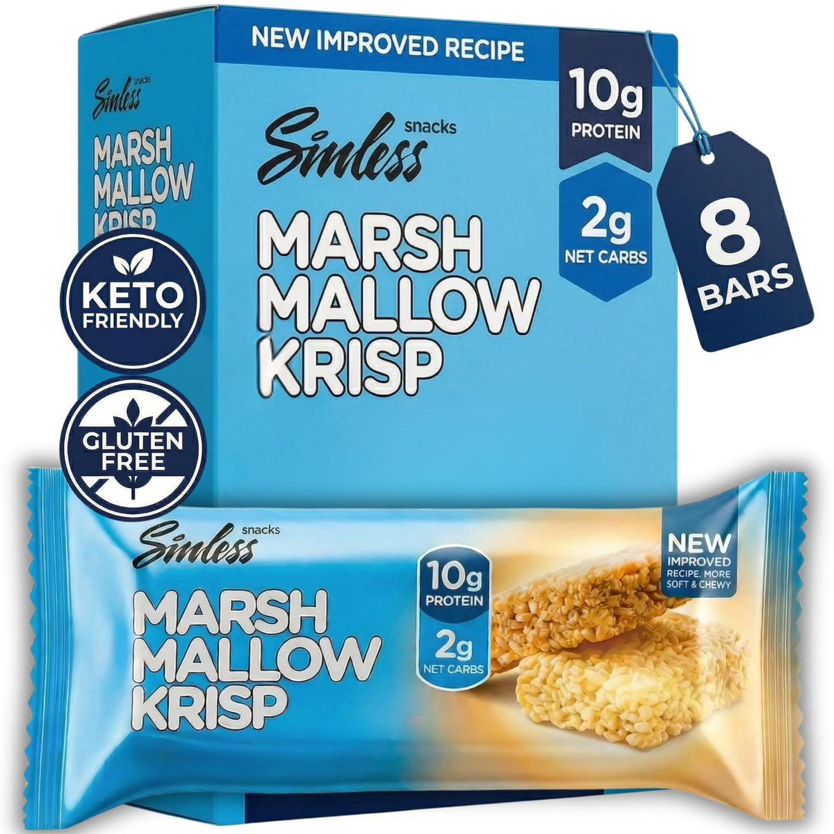 Sinless Snacks front packaging showing eight marshmallow krisp bars and benefits