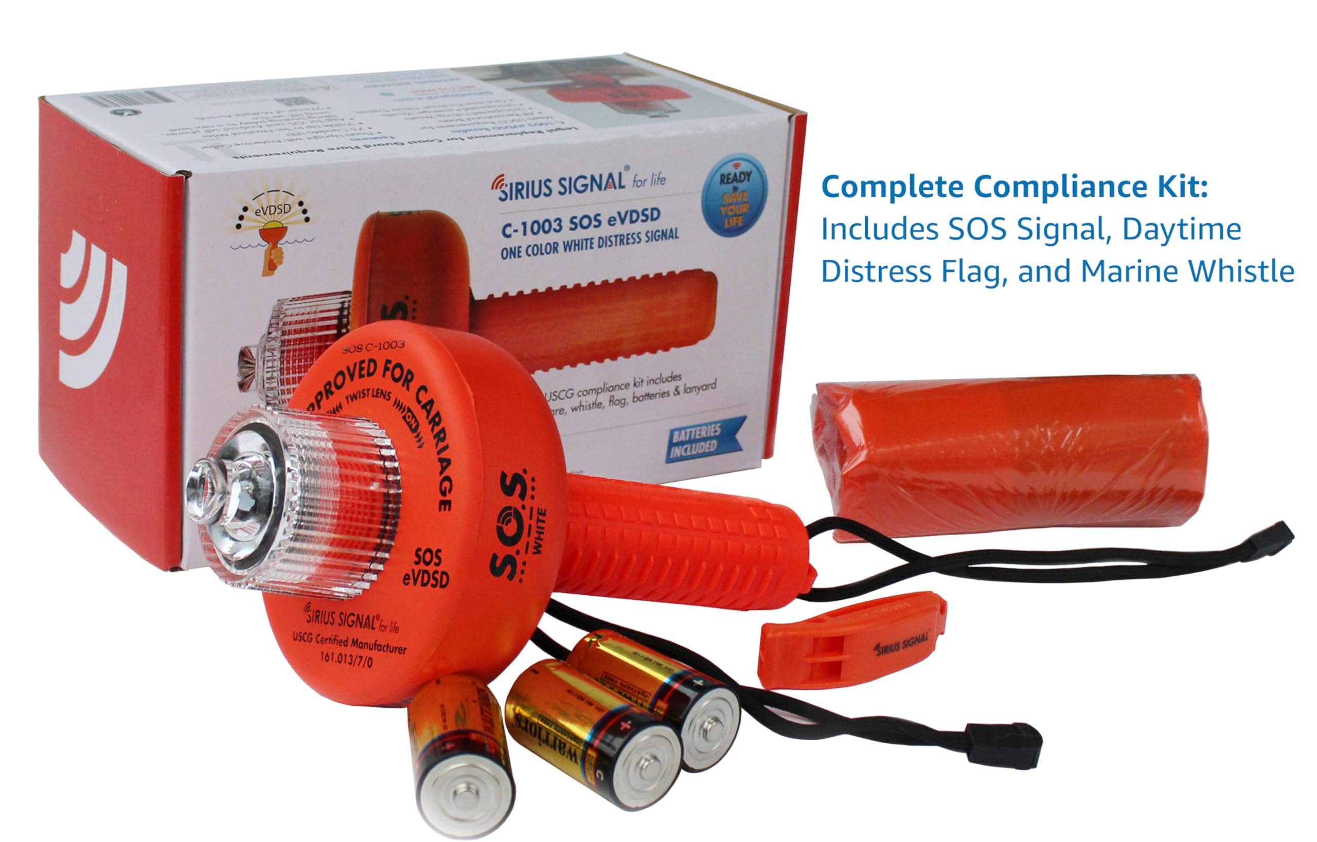 SIRIUS SIGNAL orange flag and whistle laid out to show daytime and audible compliance