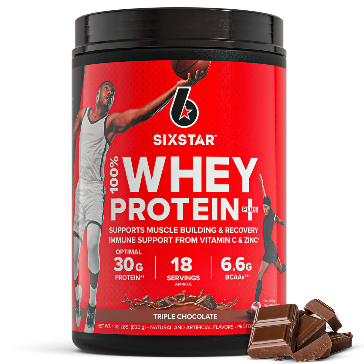 Six Star front packaging showing Triple Chocolate tub and clear branding for product identification