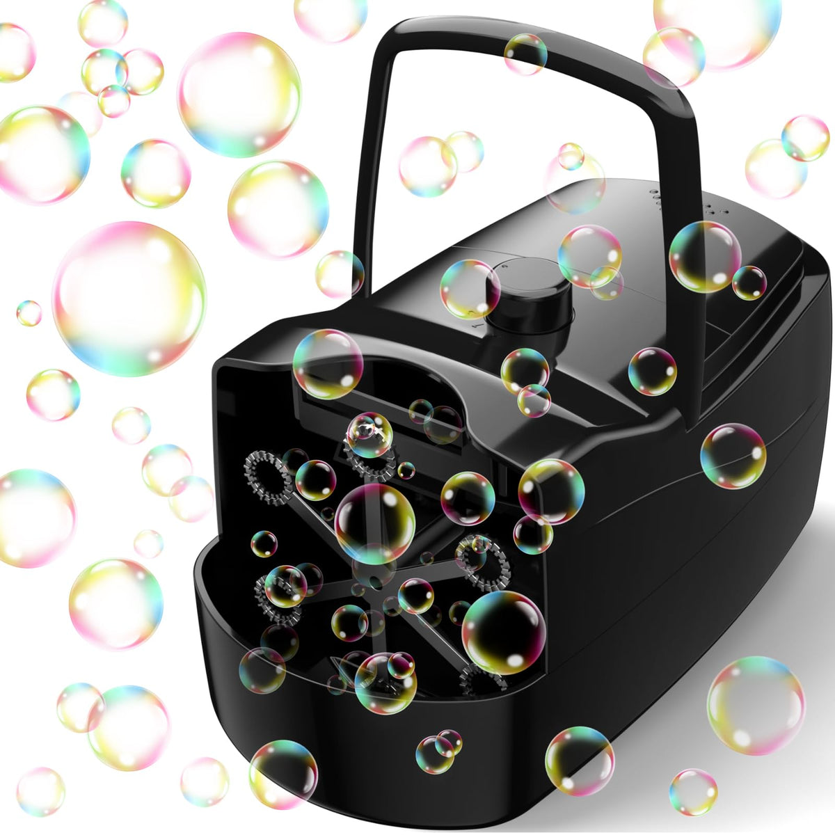 Sizonjoy bubble machine front view showing black housing and bubble output benefit entertainment