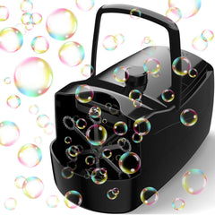 Sizonjoy bubble machine front view showing black housing and bubble output benefit entertainment