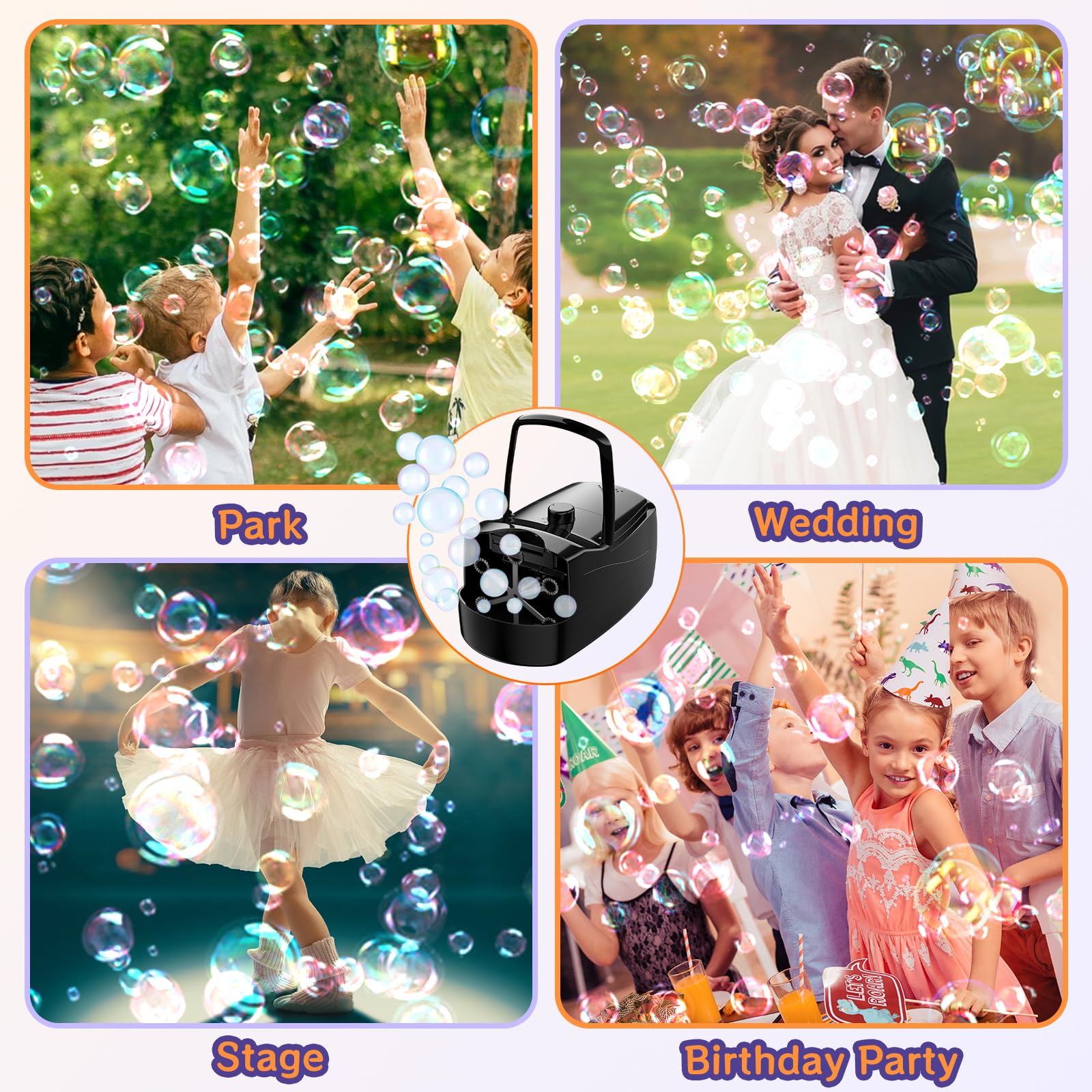 Sizonjoy bubble machine in use at an outdoor party creating thousands of festive bubbles